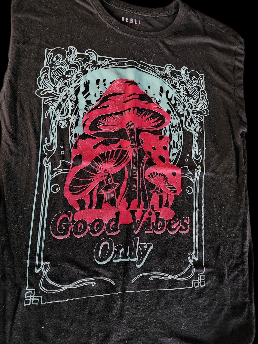 Rebel "Good Vibes Only" Black Tee with Pink Mushroom Graphic
